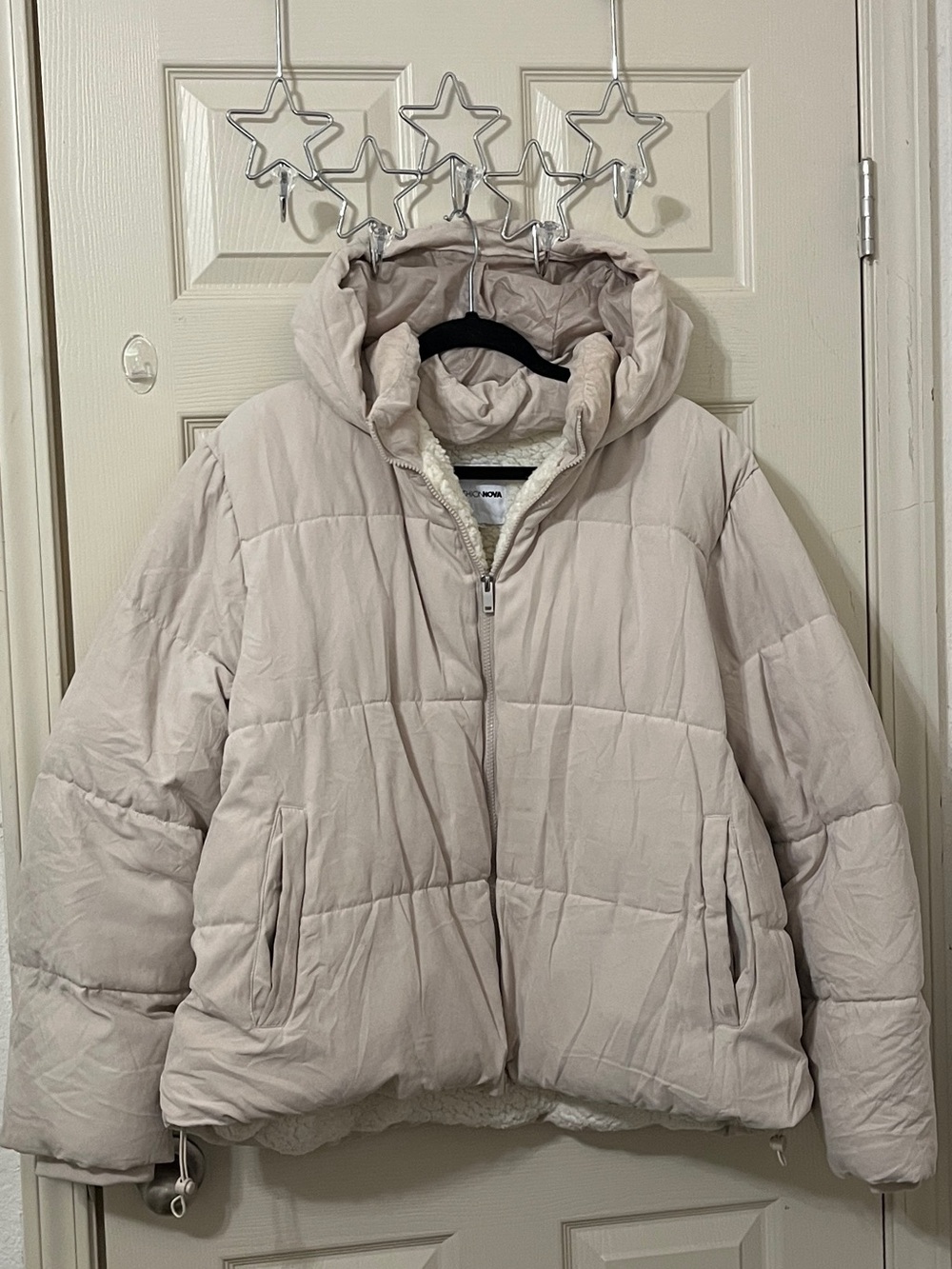 Fashion Nova Light Beige Quilted Puffer Jacket with Hood